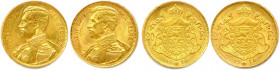 BELGIQUE - ALBERT 1909-1934
DEUX monnaies en or (12,93 g les 2) : 
20 Francs (légende française) 1914.
20 Francs (légende flamande) 1914. 
Fr 421 et 4...