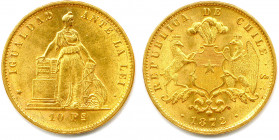 CHILI République 1818-
10 Pesos or 1872 Santiago. (15,27 g) 
Fr 45
Superbe.