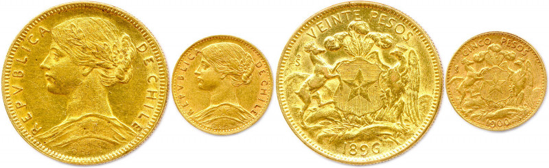 CHILI République 1818-
DEUX monnaies en or (14,97 g les 2) : 
20 Pesos 1896 et 5...