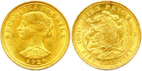 CHILI République 1818-
100 Pesos or (10 Condores) 1926 Santiago. (20,35 g) 
Fr 54
T.B.