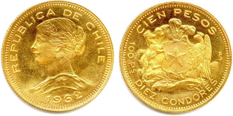 CHILI République 1818-
10 Condores or (100 Pesos) 1962 Santiago. (20,39 g) 
Fr 5...