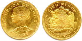 CHILI République 1818-
10 Condores or (100 Pesos) 1962 Santiago. (20,39 g) 
Fr 54a
Superbe.