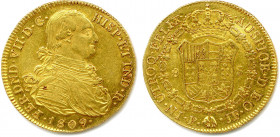 COLOMBIE - FERDINAND VII Roi d’Espagne 
19 mars 1808 - 1824
8 Escudos or 1809 Popayan. (27,01 g) 
Fr 61
Très beau.