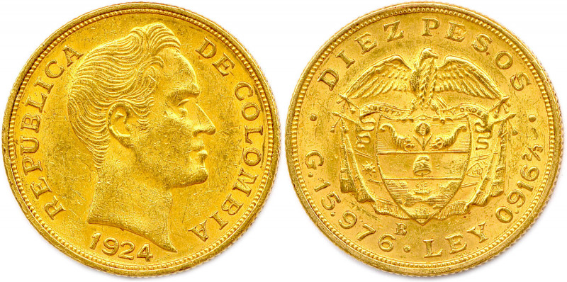 COLOMBIE République 1886-
10 Pesos or 1924 Bogota. (15,82 g)
Fr 112 
Très beau/S...