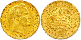 COLOMBIE République 1886-
10 Pesos or 1924 Bogota. (15,82 g)
Fr 112 
Très beau/Superbe.