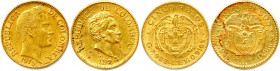 COLOMBIE République 1886-
DEUX monnaies en or (15,94 g) : 
5 Pesos 1919 et 5 Pesos 1924 Bogota. 
Fr 113 et 115
Très beaux.