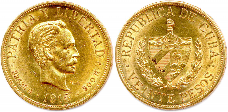 CUBA République 1915-
20 Pesos or 1915. (33,48 g) 
Fr 1
Petits coups dans le cha...