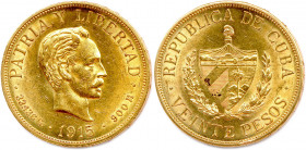 CUBA République 1915-
20 Pesos or 1915. (33,48 g) 
Fr 1
Petits coups dans le champ. Très beau.