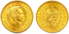 CUBA République 1915-
5 Pesos or 1915 Philadelphie. (8,40 g) 
Fr 4
Très beau.