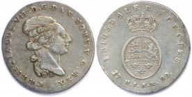 DANEMARK - CHRISTIAN VII 
14 janvier 1766 - 13 mars 1808
Rigsdaler Speciedaler argent 1799 Copenhague. 
(28,88 g) 
Dav 1313
T.B.