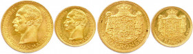 DANEMARK - FRÉDÉRIC VIII 1906-1912
DEUX monnaies en or (13,46 g les 2) : 
20 Kroner 1912 et 10 Kroner 1908 Copenhague. 
Fr 297 et 298
Très beaux.