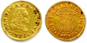 ESPAGNE - FERDINAND VI 9 juillet 1746 - 10 août 1759
½ Escudo or 1756 M couronné = Madrid. (1,80 g) 
Fr 274
Très beau.