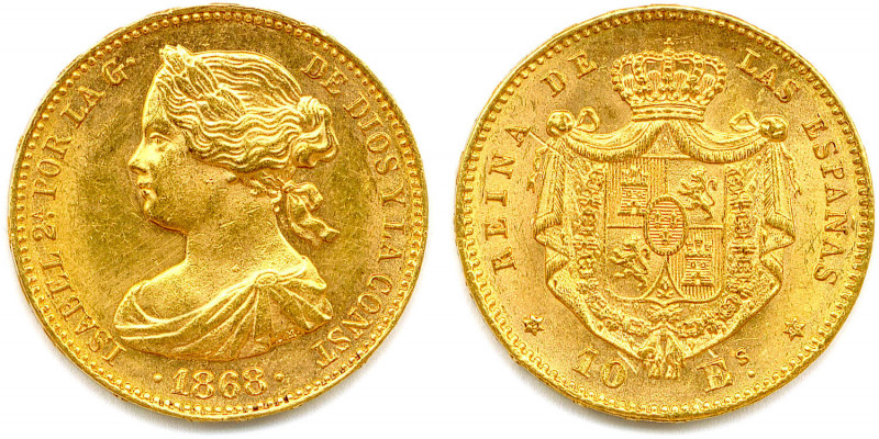 ESPAGNE - ISABELLE II 1833-1868
10 Escudos or 1868 (*18-68) 
Étoile à 6 branches...