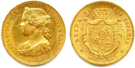 ESPAGNE - ISABELLE II 1833-1868
10 Escudos or 1868 (*18-68) 
Étoile à 6 branches = Madrid. (8,34 g) 
Fr 336
Superbe.