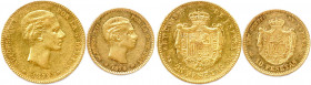 ESPAGNE - ALPHONSE XII 1874-1885
DEUX monnaies en or (11,30 g) : 
25 Pesetas 1879 Madrid, 
10 Pesetas 1878 Madrid. 
Fr 342 et 343
Très beau.