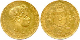 ESPAGNE - ALPHONSE XIII Bourbon Anjou 
17 mai 1886 - 14 avril 1931
100 Pesetas or 1897 (*18-97) Madrid. (32,30 g) 
Fr 347
Très beau.