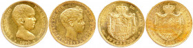 ESPAGNE - ALPHONSE XIII 1886-1931
DEUX monnaies en or (12,89 g les 2) : 
20 Pesetas (tête bébé) 1890 (*18-90) Madrid, 
20 Pesetas (tête juvénile) 1899...