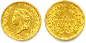 ÉTATS-UNIS D’AMÉRIQUE 
Dollar or 1851 Philadelphie. (1,64 g) 
Fr 84
Très beau.