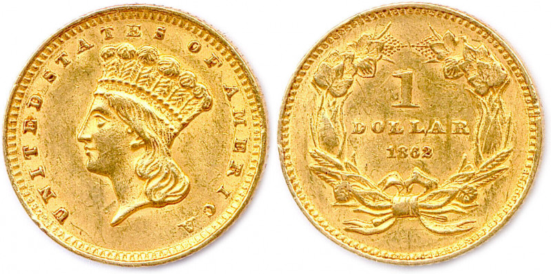 ÉTATS-UNIS D’AMÉRIQUE 
Dollar or (tête d’Indien) 1862 Philadelphie. (1,67 g) 
Fr...