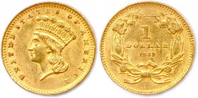 ÉTATS-UNIS D’AMÉRIQUE 
Dollar or (tête d’Indien) 1862 Philadelphie. (1,67 g) 
Fr 94
Très beau.