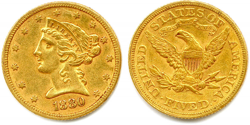 ÉTATS-UNIS D’AMÉRIQUE 
5 Dollars or 1880 Philadelphie. (8,39 g) 
Fr 143
Très bea...