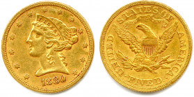 ÉTATS-UNIS D’AMÉRIQUE 
5 Dollars or 1880 Philadelphie. (8,39 g) 
Fr 143
Très beau.