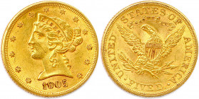 ÉTATS-UNIS D’AMÉRIQUE 
5 Dollars or 1905 Philadelphie. (8,37 g) 
Fr 143
Très beau.