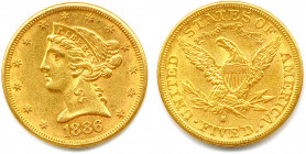 ÉTATS-UNIS D’AMÉRIQUE 
5 Dollars or 1886 S = San Francisco. (8,37 g) 
Fr 145
Très beau.