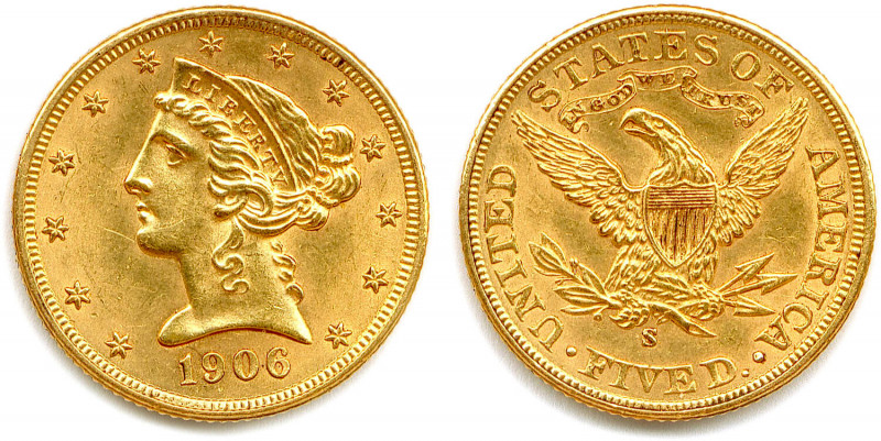 ÉTATS-UNIS D’AMÉRIQUE 
5 Dollars or 1906 S = San Francisco. (8,37 g) 
Fr 145
Sup...