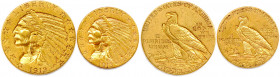 ÉTATS-UNIS D’AMÉRIQUE 
DEUX monnaies en or (tête de Sioux) (12,54 g les 2) : 
5 Dollars 1913 et 2 ½ Dollars 1913 Philadelphie. 
Fr 148 et 120
T.B....