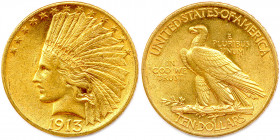 ÉTATS-UNIS D’AMÉRIQUE 
10 Dollars or (tête d’Indien) 1913 Philadelphie. (16,73 g) 
Fr 166
Très beau.