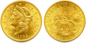 ÉTATS-UNIS D’AMÉRIQUE 
20 Dollars or 1904 Philadelphie. (33,49 g) 
Fr 177
Très beau/Superbe.