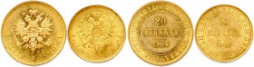 FINLANDE sous les Tsars de Russie 
DEUX monnaies en or (9,69 g les 2) : 
20 Markkaa 1904 (Nicolas II), 
10 Markkaa 1879 (Alexandre II). 
Fr 3 et 6
Sup...
