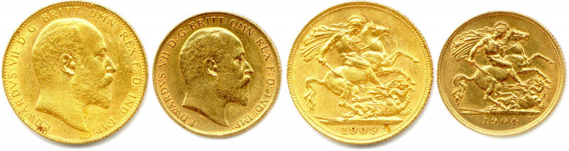GRANDE-BRETAGNE - ÉDOUARD VII 1901-1910
DEUX monnaies en or : 
Souverain 1909, 
...