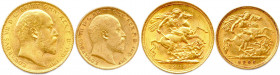 GRANDE-BRETAGNE - ÉDOUARD VII 1901-1910
DEUX monnaies en or (11,98 g) : 
Souverain 1909,
Demi-souverain 1906. 
Fr 400 et 401
Très beaux.
