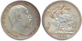 GRANDE-BRETAGNE - ÉDOUARD VII 
1901-1910
Couronne argent 1902 Londres. 
(28,08 g)
Dav 109
 T.B.