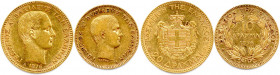 GRÈCE - GEORGE Ier 30 mars 1863 - 18 mars 1913
DEUX monnaies en or (tête jeune) (9,64 g les 2) : 
20 Drachmai (drachmes) 1876 Paris, 
10 Drachmai 1876...