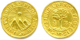 GUATEMALA République Amérique Centrale 
Demi-escudo or 1826 NG-M New Guatemala. (1,68 g) 
Fr 30
Très beau.