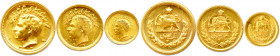 IRAN - MOHAMMAD REZA PAHLEVI 1941-1979
TROIS monnaies en or (14,27 g les 3) : 
Pahlevi 1329, Demi-pahlevi 1334, 1/4 pahlevi 1335. 
Fr 101-102-103
Supe...