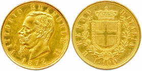 ITALIE Royaume - VICTOR EMMANUEL II 
14 mars 1861 - 9 janvier 1878
100 Lire or 1872 Rome. 
(32,37 g) 
Fr 9
REFRAPPE. Trace de nettoyage. Superbe.