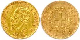 ITALIE Royaume - VICTOR EMMANUEL II 1861-1878
5 Lire or 1863 Turin. (1,60 g) 
Fr 16
Très beau.