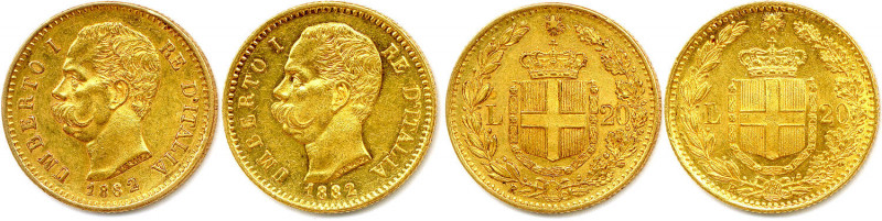 ITALIE Royaume - UMBERTO 1878-1900
DEUX monnaies en or (12,91 g) : 
20 Lire 1882...