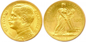 ITALIE Royaume - VICTOR EMMANUEL III 
1900-1946
100 Lire or 1912 Rome. (32,29 g) 
Fr 26
REFRAPPE. Fine éraflure. Très beau/Superbe.