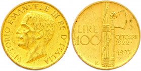 ITALIE Royaume - VICTOR EMMANUEL III 
1900-1946
100 Lire or 1923 Rome (32,30 g) 
Fr 30
Flan mat. Très beau.