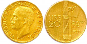 ITALIE Royaume - VICTOR EMMANUEL III 
1900-1946
20 Lire or 1923 Rome. (6,54 g) 
Fr 31
REFRAPPE. Flan nettoyé. Superbe.