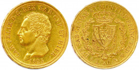 ITALIE - CHARLES FÉLIX 
1821-1831
80 Lire or 1825 Turin. (25,85 g) 
Fr 1132
Infimes coups sur la tranche. Trace de nettoyage. 
Très beau.