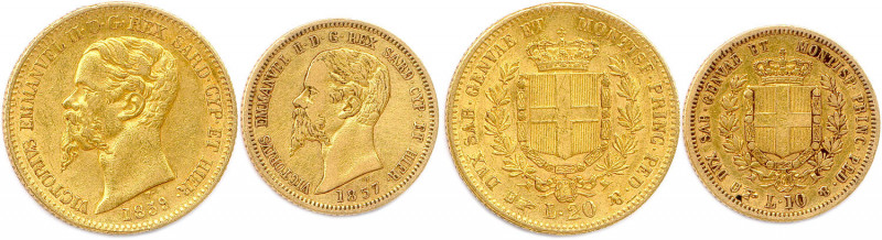 ITALIE - VICTOR EMMANUEL II 1849-1861
DEUX monnaies en or (9,62 g) : 
20 Lire 18...