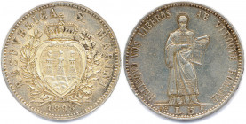 SAN MARINO République 1864-1906
5 Lire argent 1898 Rome. 
(25,00 g)
Dav 302
Très beau.