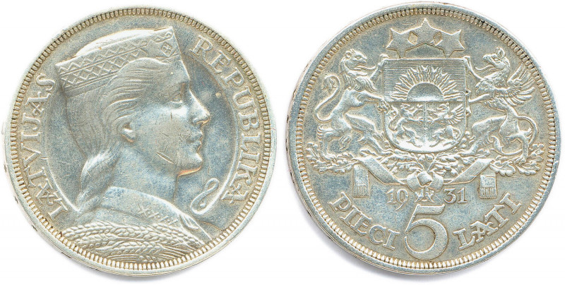 LATVIA République 18 novembre 1918-
5 Lati argent 1931. 
(25,02 g) 
KM 9
Très be...