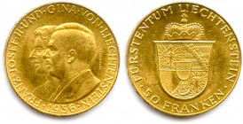 LIECHTEINSTEIN 
FRANÇOIS JOSEPH 
et Princesse GINA 1938-1989
50 Franken or 1956 Berne. (11,29 g) 
Fr 20
Superbe.